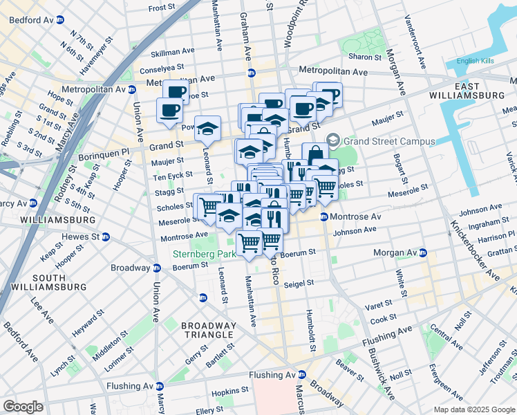 map of restaurants, bars, coffee shops, grocery stores, and more near 142 Scholes Street in Brooklyn