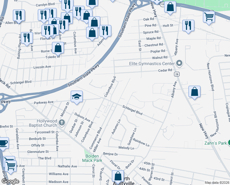 map of restaurants, bars, coffee shops, grocery stores, and more near 70 Maple Lane in Amityville