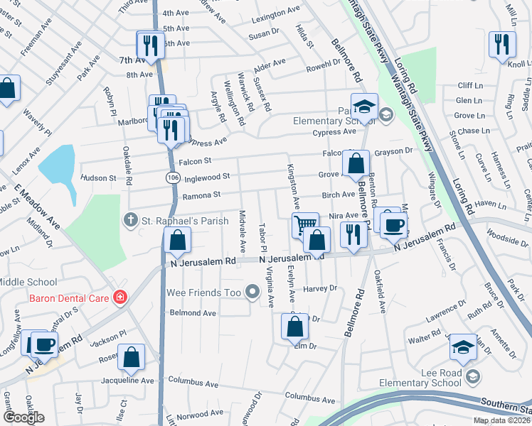 map of restaurants, bars, coffee shops, grocery stores, and more near 601 Rudwick Place in East Meadow