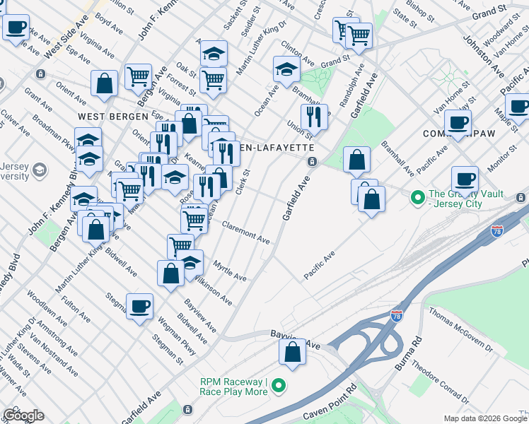 map of restaurants, bars, coffee shops, grocery stores, and more near 190 Arlington Avenue in Jersey City