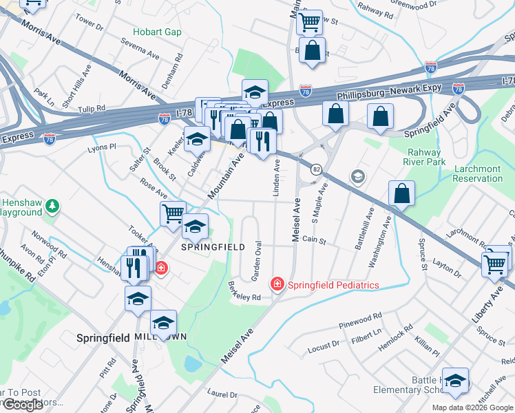 map of restaurants, bars, coffee shops, grocery stores, and more near 36 Wabeno Avenue in Springfield