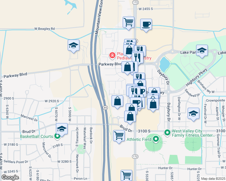 map of restaurants, bars, coffee shops, grocery stores, and more near 2858 Kinsey Court in West Valley City