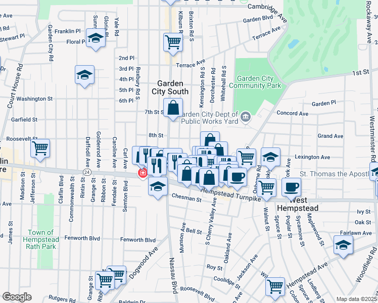 map of restaurants, bars, coffee shops, grocery stores, and more near 64 Brixton Road South in West Hempstead