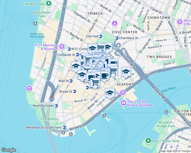 map of restaurants, bars, coffee shops, grocery stores, and more near 106 William Street in New York