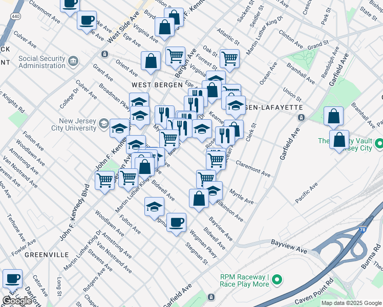 map of restaurants, bars, coffee shops, grocery stores, and more near 146 Myrtle Avenue in Jersey City