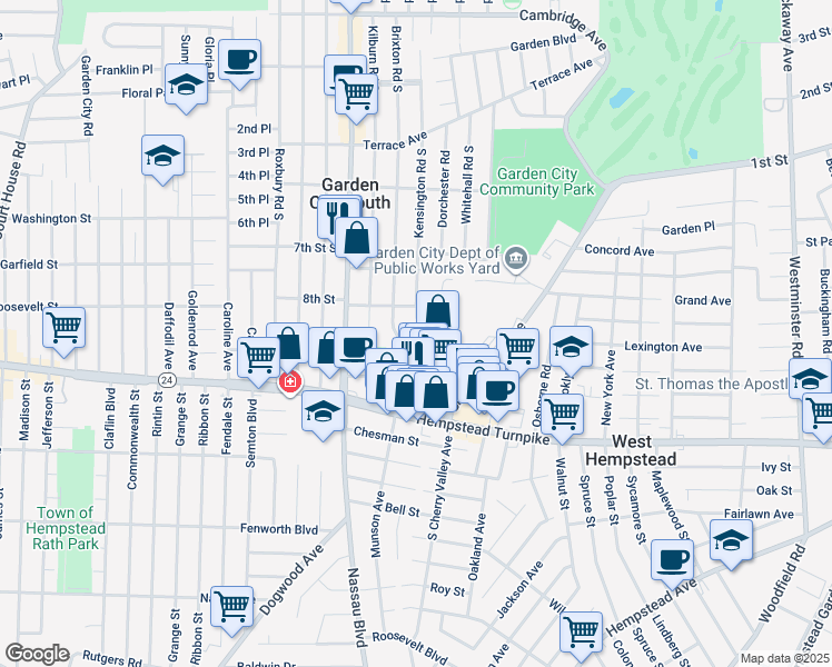 map of restaurants, bars, coffee shops, grocery stores, and more near 64 Brixton Road South in West Hempstead