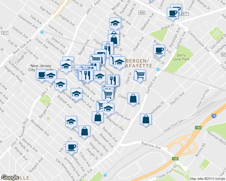 map of restaurants, bars, coffee shops, grocery stores, and more near 637 Ocean Avenue in Jersey City