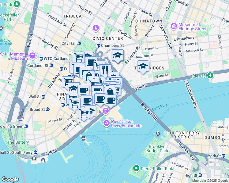 map of restaurants, bars, coffee shops, grocery stores, and more near Peck Slip in New York