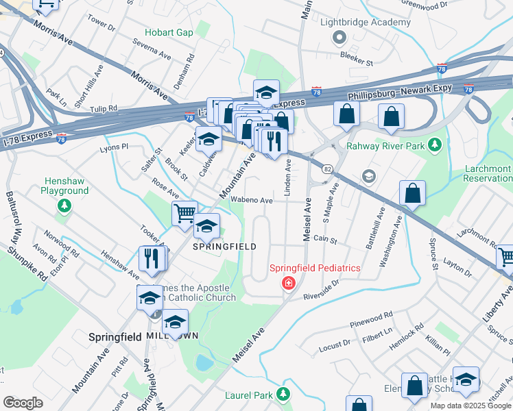 map of restaurants, bars, coffee shops, grocery stores, and more near 69 Wabeno Avenue in Springfield Township