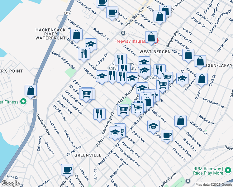 map of restaurants, bars, coffee shops, grocery stores, and more near 300 Stegman Parkway in Jersey City