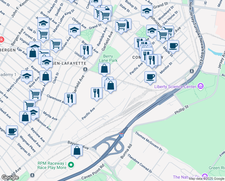 map of restaurants, bars, coffee shops, grocery stores, and more near 40 Forrest Street in Jersey City