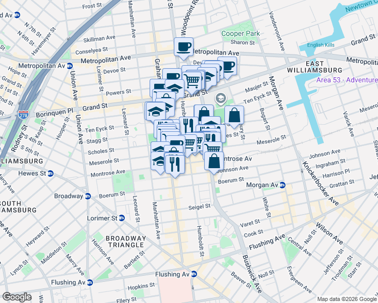 map of restaurants, bars, coffee shops, grocery stores, and more near Humboldt St & Meserole St in Brooklyn