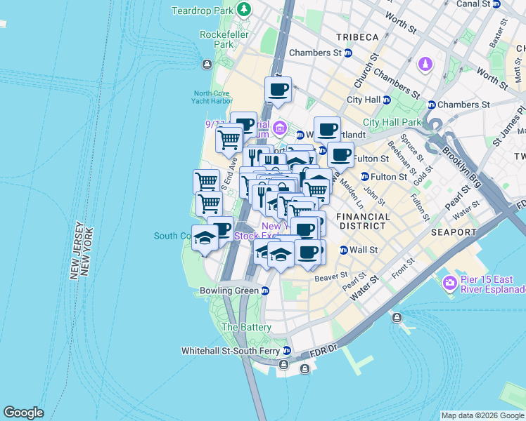 map of restaurants, bars, coffee shops, grocery stores, and more near Washington St & Rector St in New York