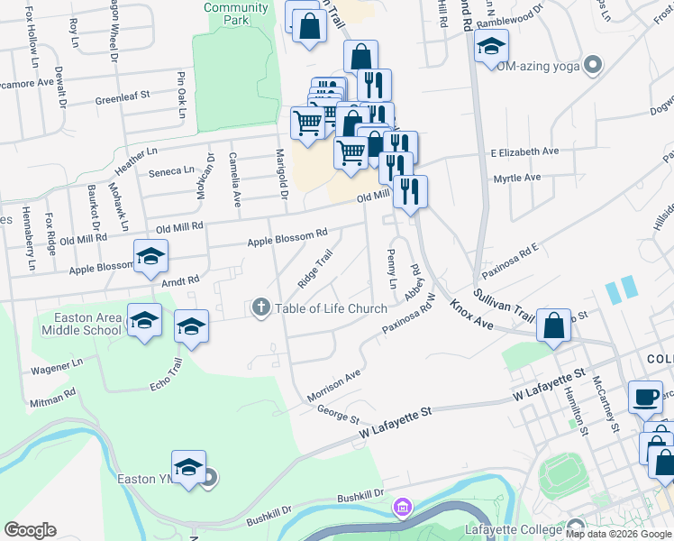 map of restaurants, bars, coffee shops, grocery stores, and more near 1341 Ridge Trail in Easton
