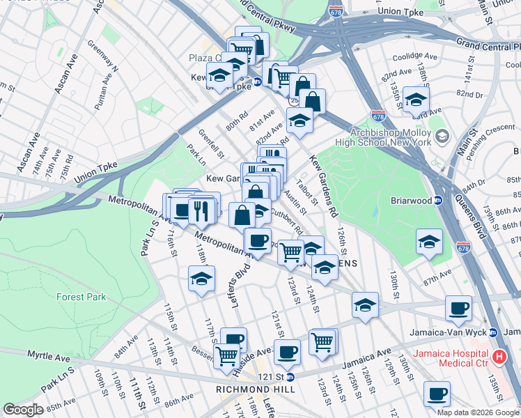 map of restaurants, bars, coffee shops, grocery stores, and more near 120-16 83rd Avenue in Queens