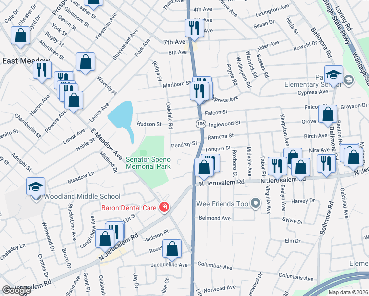 map of restaurants, bars, coffee shops, grocery stores, and more near 2434 Pendroy Street in East Meadow