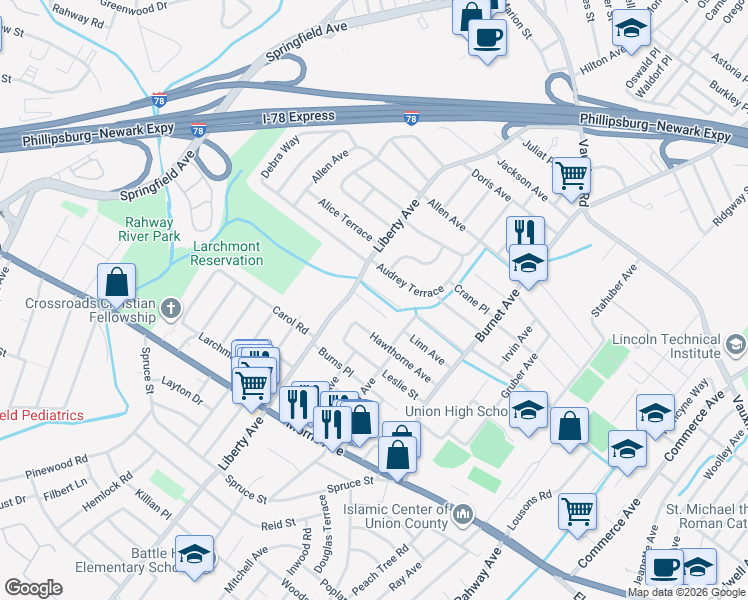 map of restaurants, bars, coffee shops, grocery stores, and more near 2607 Eleanor Terrace in Union
