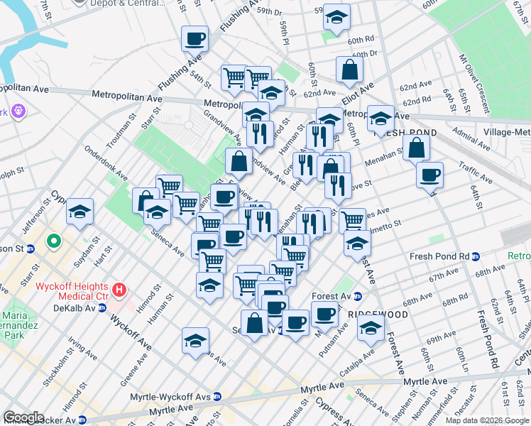 map of restaurants, bars, coffee shops, grocery stores, and more near 510 Fairview Avenue in Queens