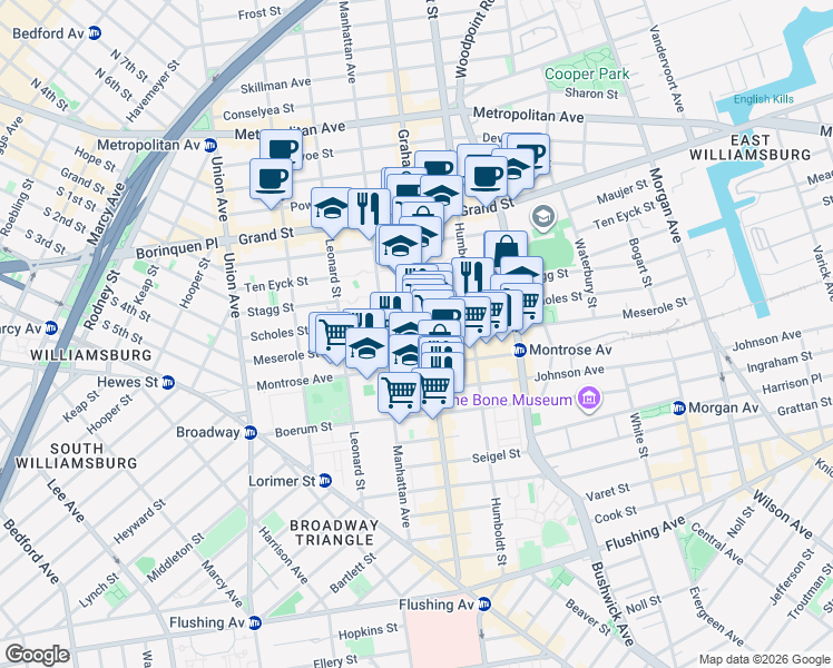 map of restaurants, bars, coffee shops, grocery stores, and more near 143 Meserole Street in Brooklyn