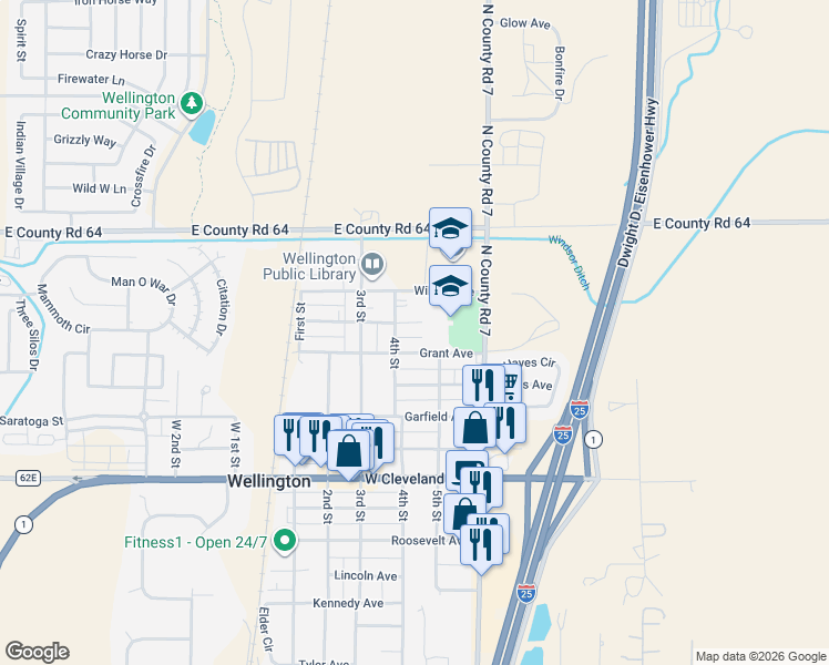 map of restaurants, bars, coffee shops, grocery stores, and more near 3915 Franklin Avenue in Wellington