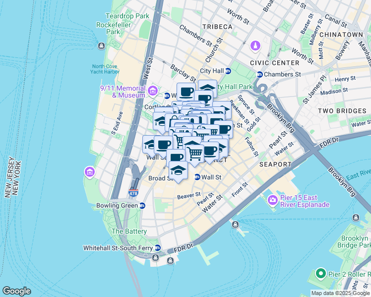 map of restaurants, bars, coffee shops, grocery stores, and more near 28 Liberty Street in New York