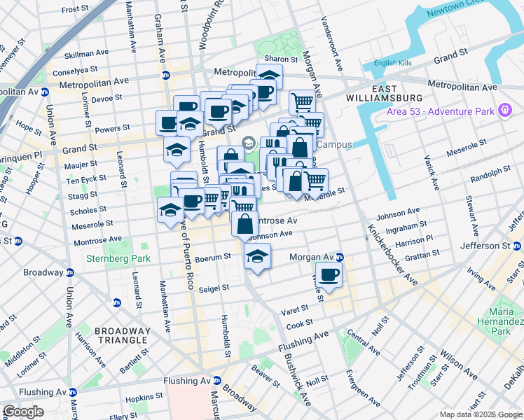 map of restaurants, bars, coffee shops, grocery stores, and more near 258 Meserole Street in Brooklyn