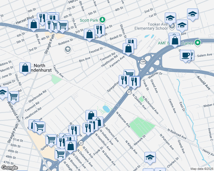 map of restaurants, bars, coffee shops, grocery stores, and more near 1020 North Ontario Avenue in Lindenhurst