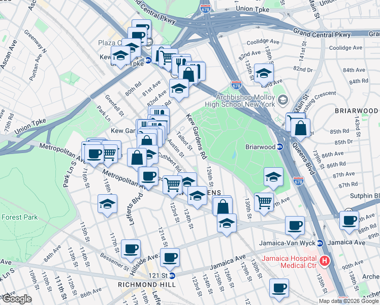 map of restaurants, bars, coffee shops, grocery stores, and more near 83-74 Talbot Street in Queens