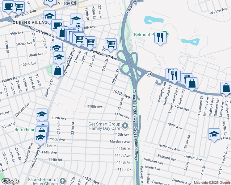 map of restaurants, bars, coffee shops, grocery stores, and more near 225-30 106th Avenue in Queens