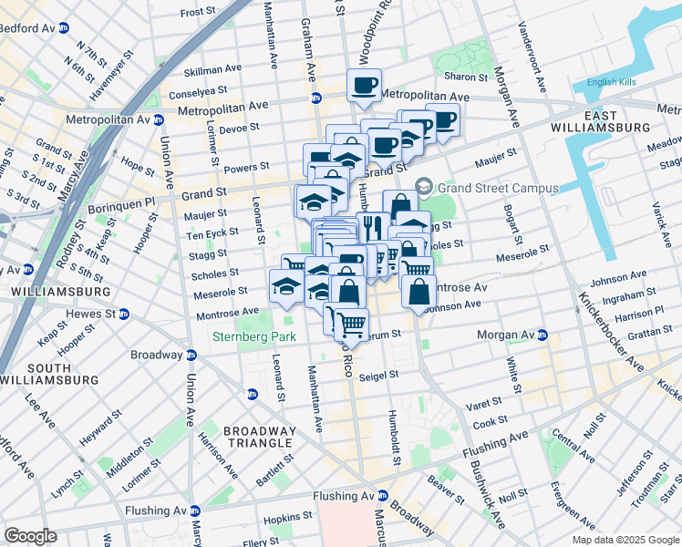 map of restaurants, bars, coffee shops, grocery stores, and more near 165 Meserole Street in Brooklyn