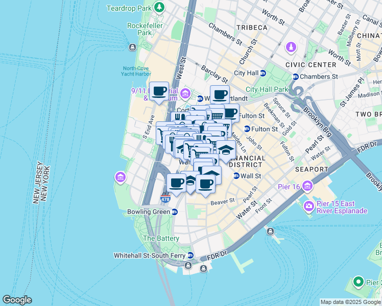 map of restaurants, bars, coffee shops, grocery stores, and more near 68 Trinity Place in New York