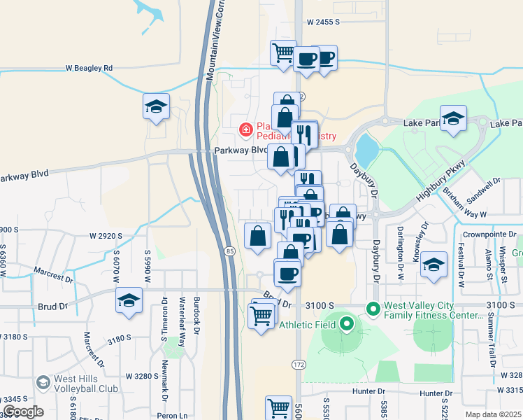 map of restaurants, bars, coffee shops, grocery stores, and more near 2858 Ritter Row in West Valley City