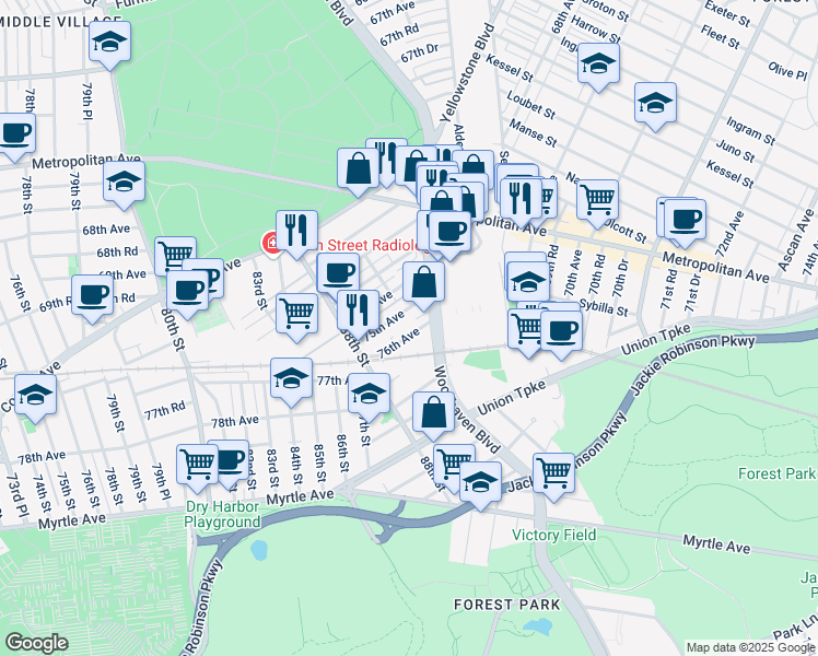 map of restaurants, bars, coffee shops, grocery stores, and more near 88-45 76th Avenue in Queens