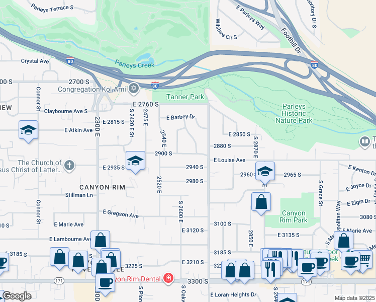 map of restaurants, bars, coffee shops, grocery stores, and more near 2623 East 2900 South in Salt Lake City