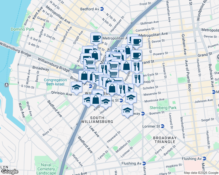 map of restaurants, bars, coffee shops, grocery stores, and more near Keap St & S 5th St in Brooklyn
