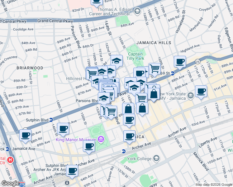 map of restaurants, bars, coffee shops, grocery stores, and more near 160-17 Hillside Avenue in Queens