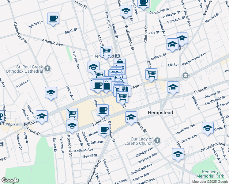 map of restaurants, bars, coffee shops, grocery stores, and more near 62 Nichols Court in Hempstead