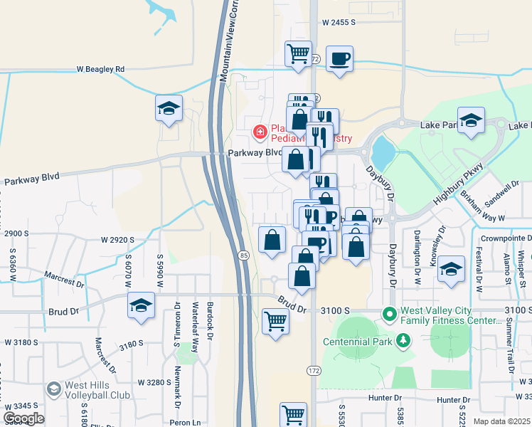 map of restaurants, bars, coffee shops, grocery stores, and more near 2853 Kinsey Court in West Valley City