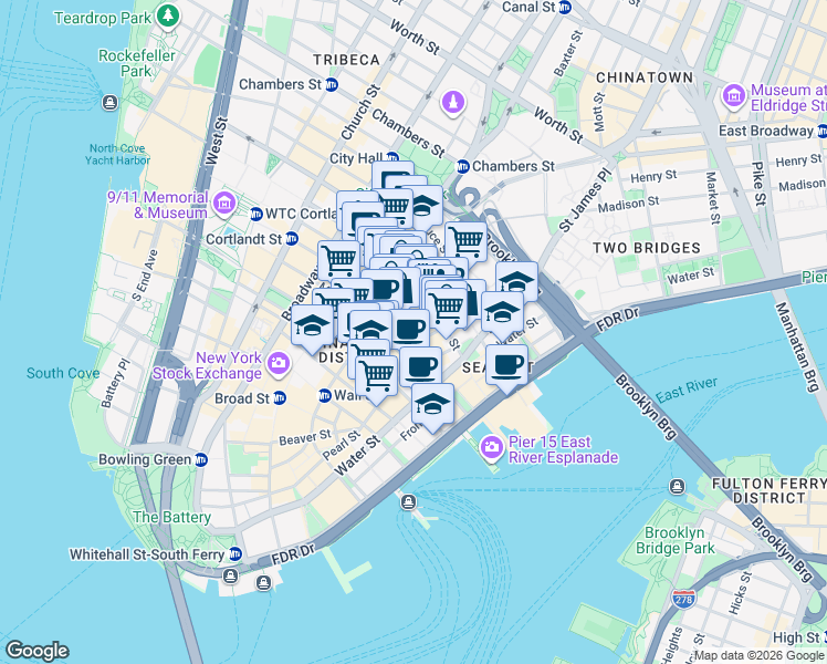 map of restaurants, bars, coffee shops, grocery stores, and more near 99 John Street in New York