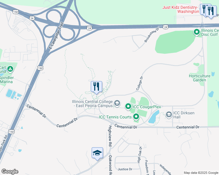 map of restaurants, bars, coffee shops, grocery stores, and more near 312 Woodview Lane in East Peoria