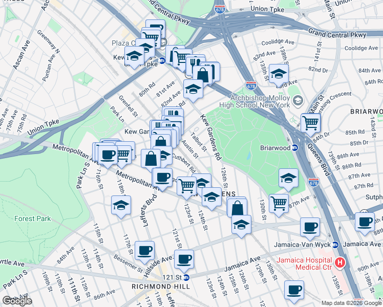 map of restaurants, bars, coffee shops, grocery stores, and more near 33 Austin Street in Queens