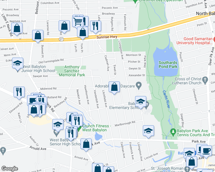 map of restaurants, bars, coffee shops, grocery stores, and more near 389 Midwood Road in Babylon