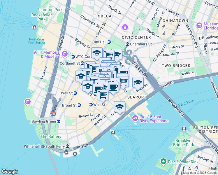 map of restaurants, bars, coffee shops, grocery stores, and more near 106 William Street in New York