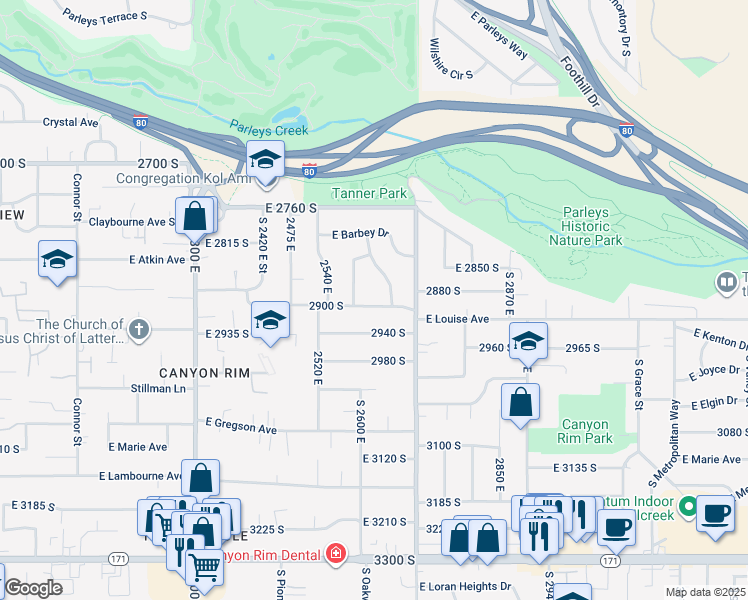 map of restaurants, bars, coffee shops, grocery stores, and more near 2623 East 2900 South in Salt Lake City