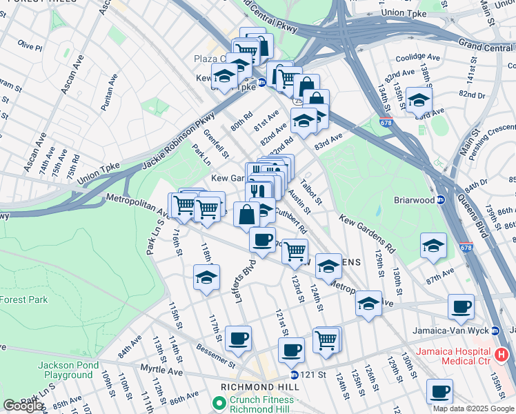 map of restaurants, bars, coffee shops, grocery stores, and more near 120-24 83rd Avenue in Queens