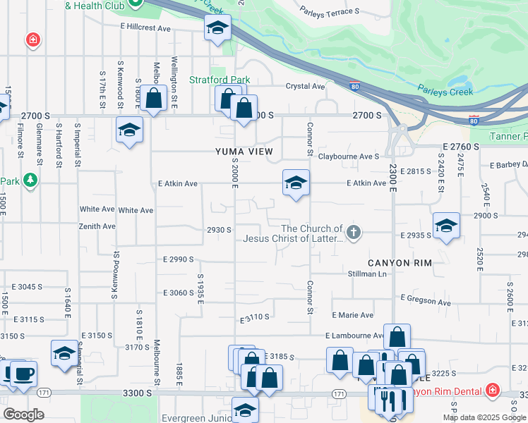 map of restaurants, bars, coffee shops, grocery stores, and more near 2056 Sierra View Circle in Salt Lake City