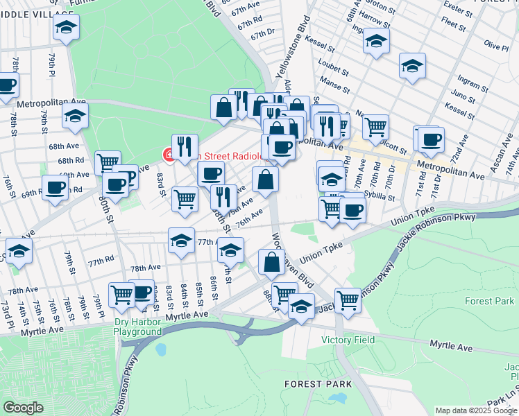 map of restaurants, bars, coffee shops, grocery stores, and more near 88-45 76th Avenue in Queens