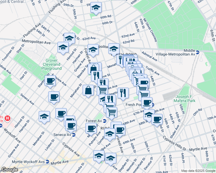 map of restaurants, bars, coffee shops, grocery stores, and more near 65-06 60th Place in Queens