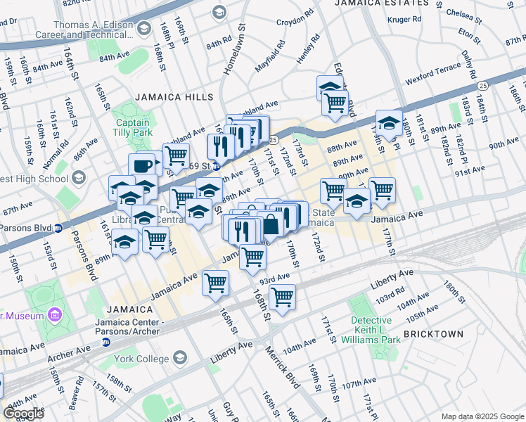 map of restaurants, bars, coffee shops, grocery stores, and more near 169-12 90th Avenue in Queens