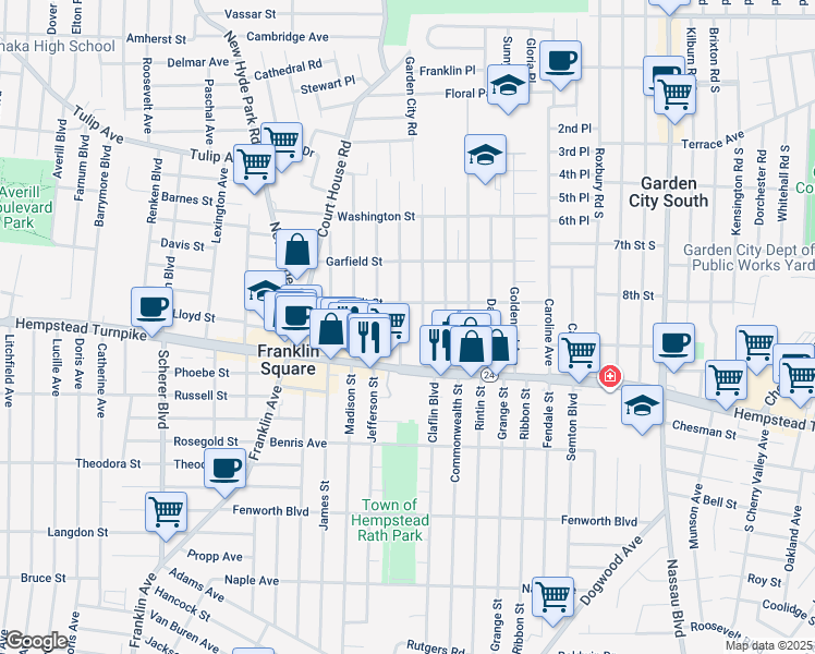 map of restaurants, bars, coffee shops, grocery stores, and more near 53 Lincoln Road in Franklin Square